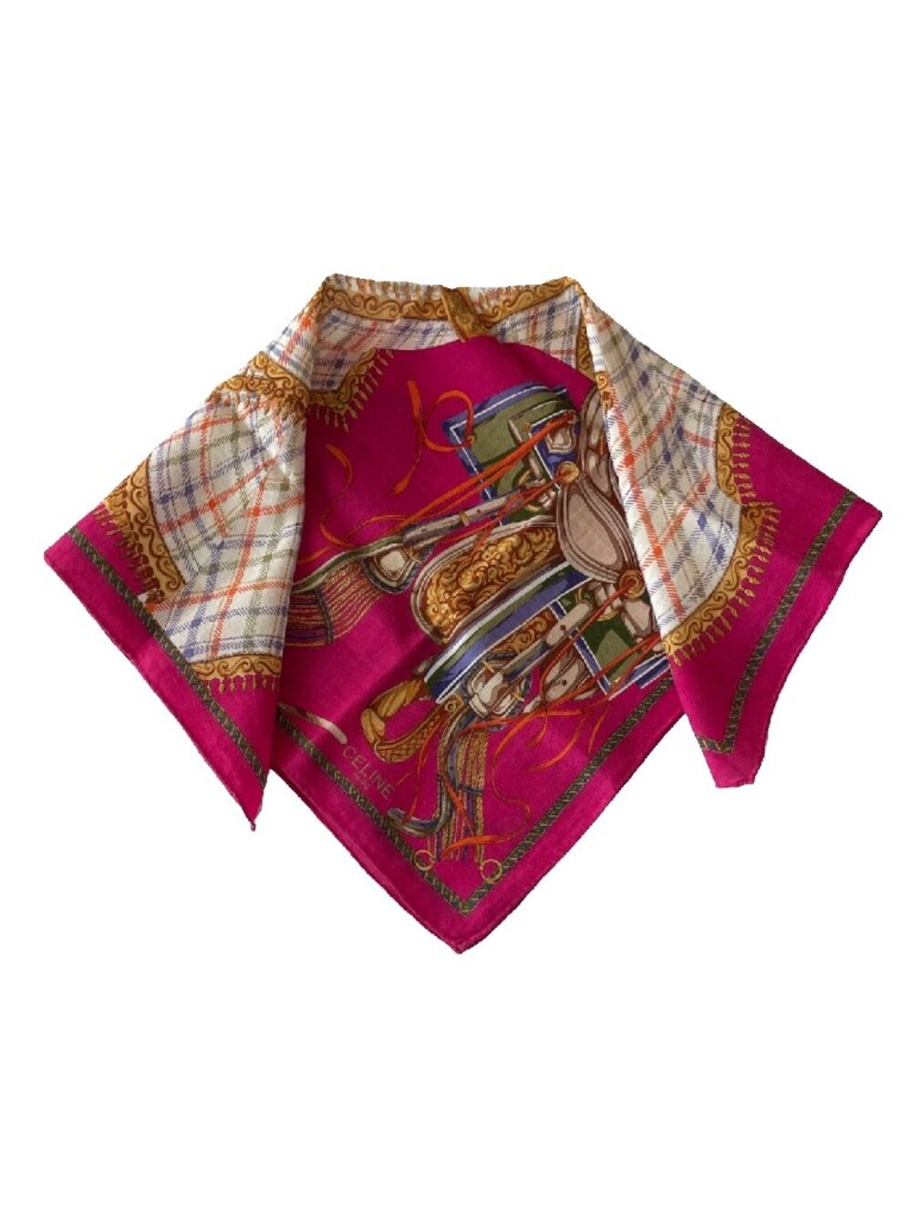 Vintage Celine Equestrian Tartan Cotton Scarf Pink Rolled Hem - Picture 2 of 13